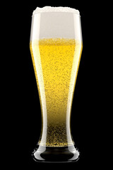 Frosty glass of fresh light beer with bubble froth isolated on black background.