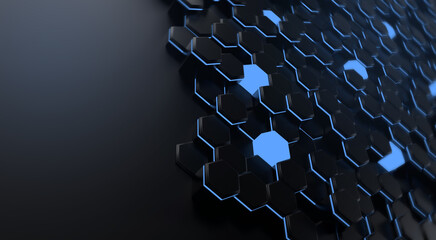 Abstract luxury background with blue and black hexagons.Background with hexagons at different levels. Futuristic abstract background. 3d rendering.