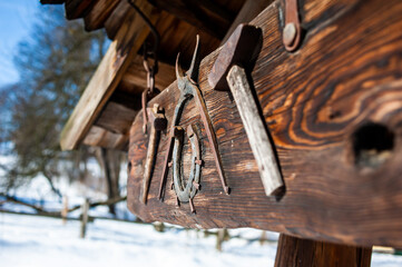 Old authentic tools for working with iron in the smithy
