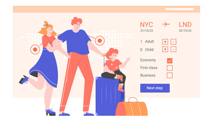 The family is booking air tickets for the trip. Mom, dad, son with suitcases are are going to fly on a journey. Airline website interface. Vector flat illustration.