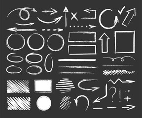 Chalk graphic elements. Vector set of hand drawn chalk with frames, arrows, oval, grunge line, rectangle, strokes, stripes. Chalk forms and brushes on school blackboard. Wavy, dashed underline strokes - obrazy, fototapety, plakaty