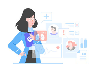 Doctor online on the internet. Woman specialist with and medical data. Patient cards, statistics, indicators. Consultation, diagnostics, health advice. Vector flat illustration.
