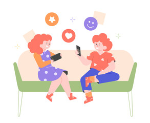 Two small children are sitting on the couch with gadgets. Girl plays a game on the tablet. Boy is texting on social networks from a smartphone. Social media addiction, new technologies. Vector flat.