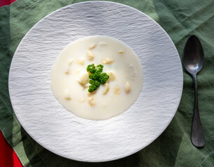 Homemade fresh seasonal white asparagus cream soup in sun lights