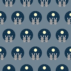 Seamless pattern two bunnies looking at moon