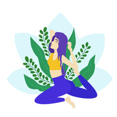 Flat illustration with a young woman doing yoga, doing a meditation practice with her eyes closed. Design suitable for a yoga studio advertising poster.
