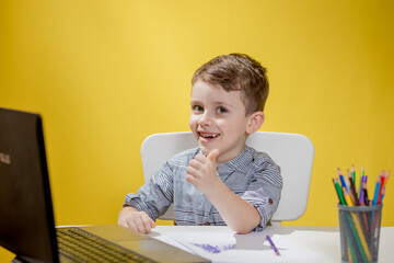 Distance learning online education. A schoolboy boy studies at home and does school homework. A home distance learning.