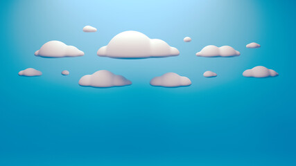 Beautiful cloudy sky background 3d render illustration. 3D rendering full of funny rounded white clouds over warm sky. Cloud computing abstract concept