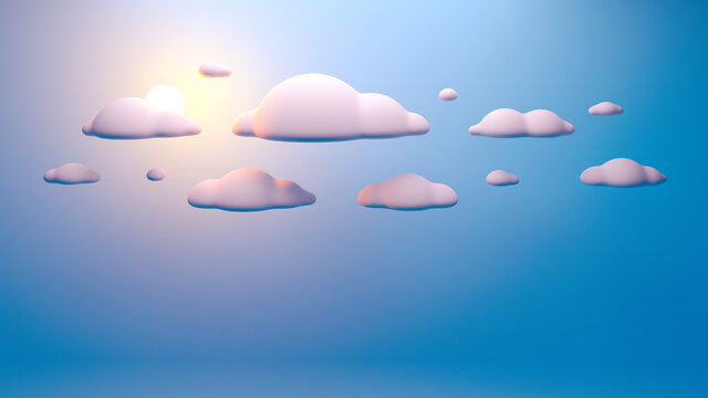 Beautiful cloudy sky with sun background 3d render illustration. 3D rendering full of funny rounded white clouds over warm sky. Cloud computing abstract concept