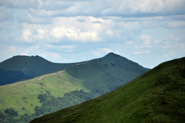 mountain landscape, green mountains, clouds, summer