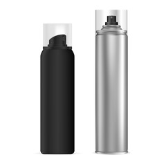 Spray bottle. Aerosol spray can, hairspray mockup aluminum blank. Cylinder tube, air freshener design. Cosmetic sprayer container, 3d package template with transparent cap. Toilet refresher, mist odor