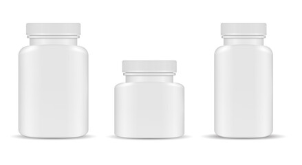 Pill bottle. Plastic supplement container blank. vector pill jar, pharmaceutical capsule package mockup, medical tablet template. Health medicament packaging, big and small can for antibiotic cure