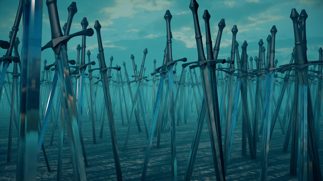 3d rendered illustration of swords stuck into ground. High quality 3d illustration