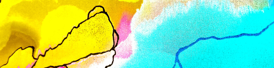 Neon Modern Batik. Magenta Stylish Presentation. Blue Textile Background. Colourful Multicolor Illustration. Azure Motion Background. Drawn Artwork. Yellow Abstract Panorama. - 415882315