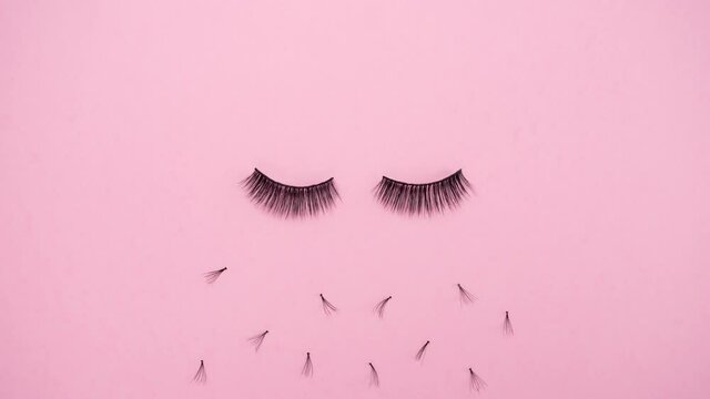 Lashes loss and extension concept. Fake eyelashes fall on trendy pastel pink background. Makeup accessories. Cosmetic products. Top view. Stop motion animation. Beauty pattern. Looping video.