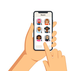 Clubhouse audio chat. Hand with phone on white background. The screen of the device with avatars of community members. Сhatting with friends. Vector illustration.