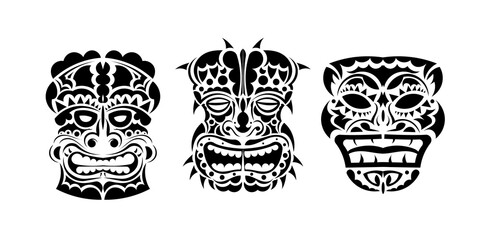 Set of tattoo faces or masks in ornament style of Polynesia, Maori or Hawaiian tribes. Vector illustration. Isolated.