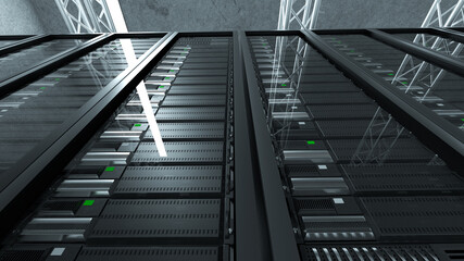 3D Rendered Illustration of server room big black server racks in a row. High quality photo