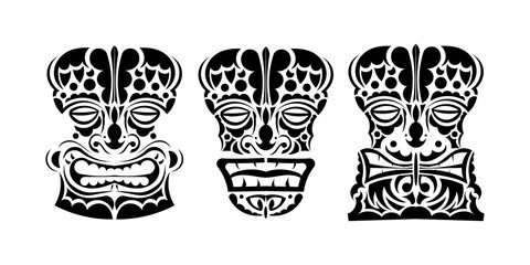 Set of masks in the ornament style. Polynesian, Maori or Hawaiian tribal patterns. Good for tattoos and t-shirts. Vector illustration. Isolated.