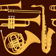 Seamless pattern of saxophone and classical French horn musical instrument vector illustration