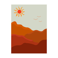 Naklejka na ściany i meble Mountain minimalist landscape with bright sun in the sky and flying birds in the distance. Painting trendy for an interior with nature. Colorful vector illustration hand drawn boho colors. Vertical