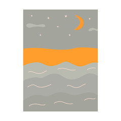 Beautiful sea view, night sky with crescent moon and stars. Smooth waves and sandy shore. Painting trendy for interior with nature. Colorful vector illustration hand drawn boho colors. Vertical poster