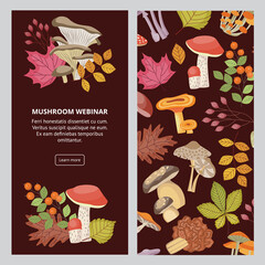 Mushroom webinar invitation design, flat vector illustration on dark background.
