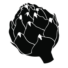 Artichoke silhouette, black tasty vegetable, beautiful flower, food ingredient, plants from the garden. Vector illustration on white backgroud, for veggie cafes, eco theme, healthy food.