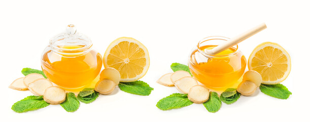 Set of Glass jar of honey with ginger, mint and lemon isolated on a white background