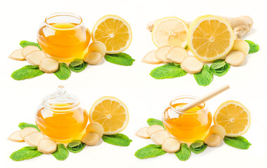 Set of Glass jar of honey with ginger, mint and lemon isolated on a white background