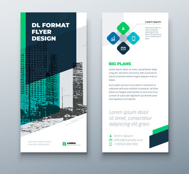 DL flyer design layout. Black Green DL Corporate business template for flyer. Layout with modern elements and abstract background. Creative concept vector flyer.