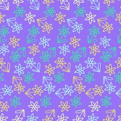 Vector seamless pattern colorful design of bright hand-drawn lined flowers in purple tones. The design is perfect for backgrounds, textiles, wrapping paper, wallpaper, decorations and surfaces