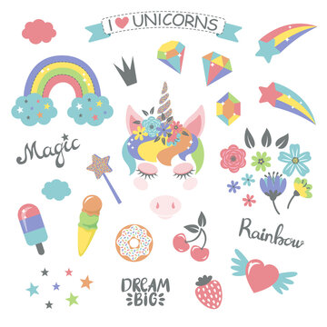 Set of the colorful, sparkling unicorn magic world elements. Vector illustration.
