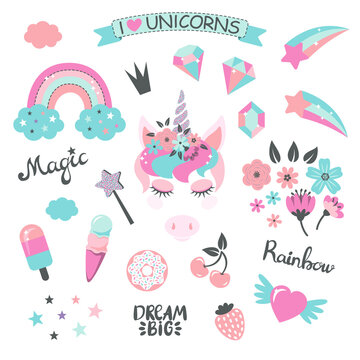 Set of the colorful, sparkling unicorn magic world elements. Vector illustration.