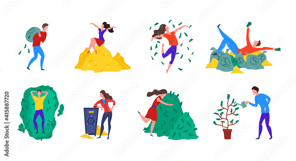 Wall mural Cartoon Color Characters Rich People and Wealth Concept Set. Vector