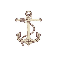 Ancient vintage anchor icon in engraved style of vector illustration isolated.