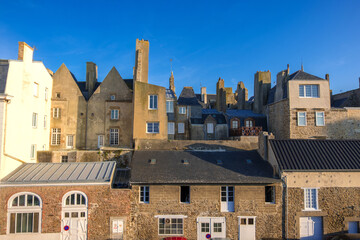 Fototapeta na wymiar Saint-Malo, France - August 25, 2019: Cityscape from the Historic wall of the old city in Intra Muros of Saint-Malo, Brittany, France