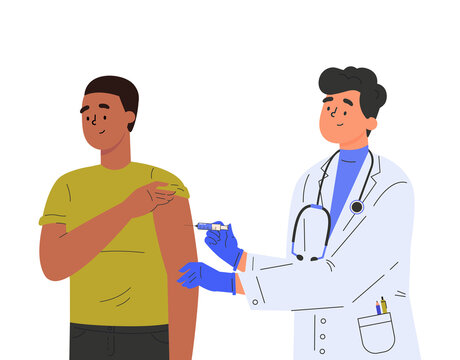 Male doctor makes a vaccine to male patient. Concept illustration for immunity health. Covid vaccine. Doctor in a medical gown and gloves. Flat illustration isolated on white background. 