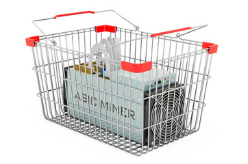 Shopping basket with ASIC miner, 3D rendering