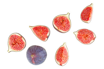 Set of fresh whole and sliced figs isolated on a white background, top view.