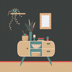 Cute minimalistic interior. Chest of drawers in retro style with decorative elements and home plants. Cosy living room flat vector illustration. Trendy scandinavian hygge interior