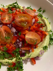 avocado paste, creamy avocado paste with tomatoes, parsley, sliced red pepper, vegetarian dish, green paste
