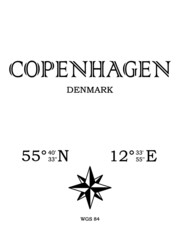 Copenhagen, Denmark - inscription with the name of the city, country and the geographical coordinates of the city. Compass icon. Black and white concept, for a poster, background, card, textiles