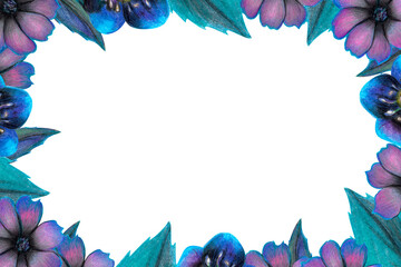 frame purple flowers, bells, poppy, stems, leaves, berries, rowan, bud, chamomile, petals, twig, botanical composition, flower decor, clip art watercolor - 415891952