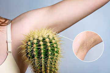 Young woman holding cactus near underarm on gray background. Hair removal concept.