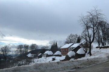 mountain village in winter in the snow