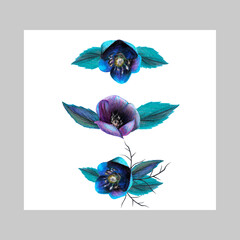 design purple flowers, poppy, stems, leaves, bud, chamomile, petals, twig, botanical composition, flower decor, clip art watercolor - 415892554