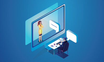 Virtual event People use Video conference landing Working Businessman on window screen taking with colleagues.Isometric Videoconferencing and online meeting workspace page, man and woman learning