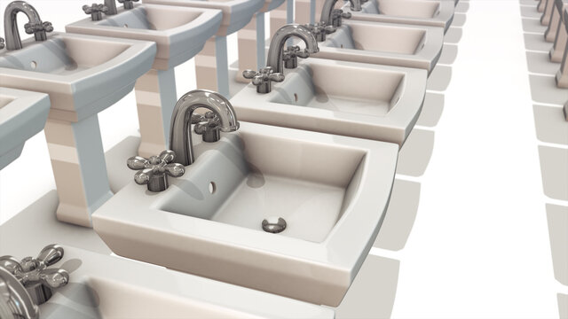 3d rendered illustration of Multiple Ceramic Bathroom Sinks in a row. High quality 3d illustration