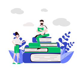 Young people reading books in the park. Summer landscape background. Holidays time. Back to school, Study, Learning, Knowledge and Education vector concept